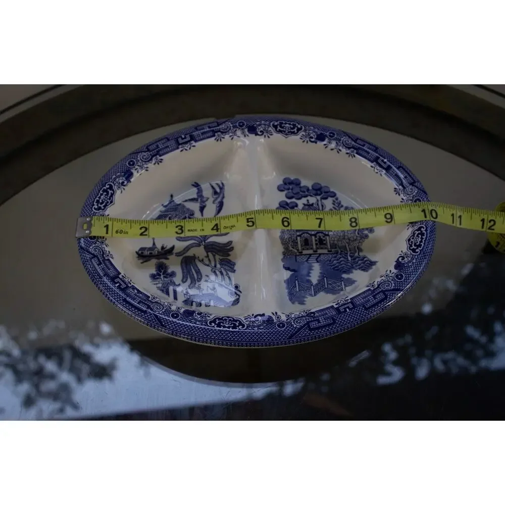Churchill Blue Willow Oval Divided Serving‎ Dish Staffordshire  England 10”